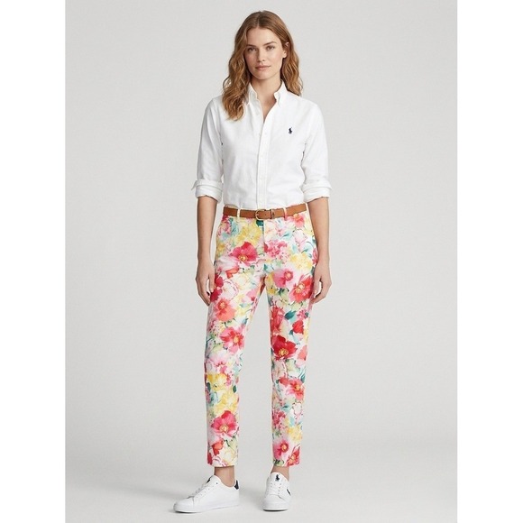 Polo Ralph Lauren Pants - Polo Ralph Lauren Floral Ankle Pants Womens 10 Pink Yellow Slim Stretch Cotton